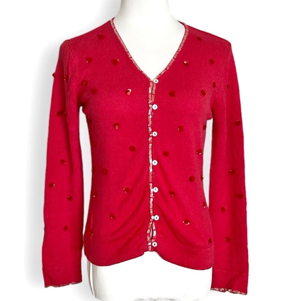 SILK AUGUST SILK CASHMERE SILK BLEND BEADED SEQUIN BUTTON UP SWEATER SIFT RED…